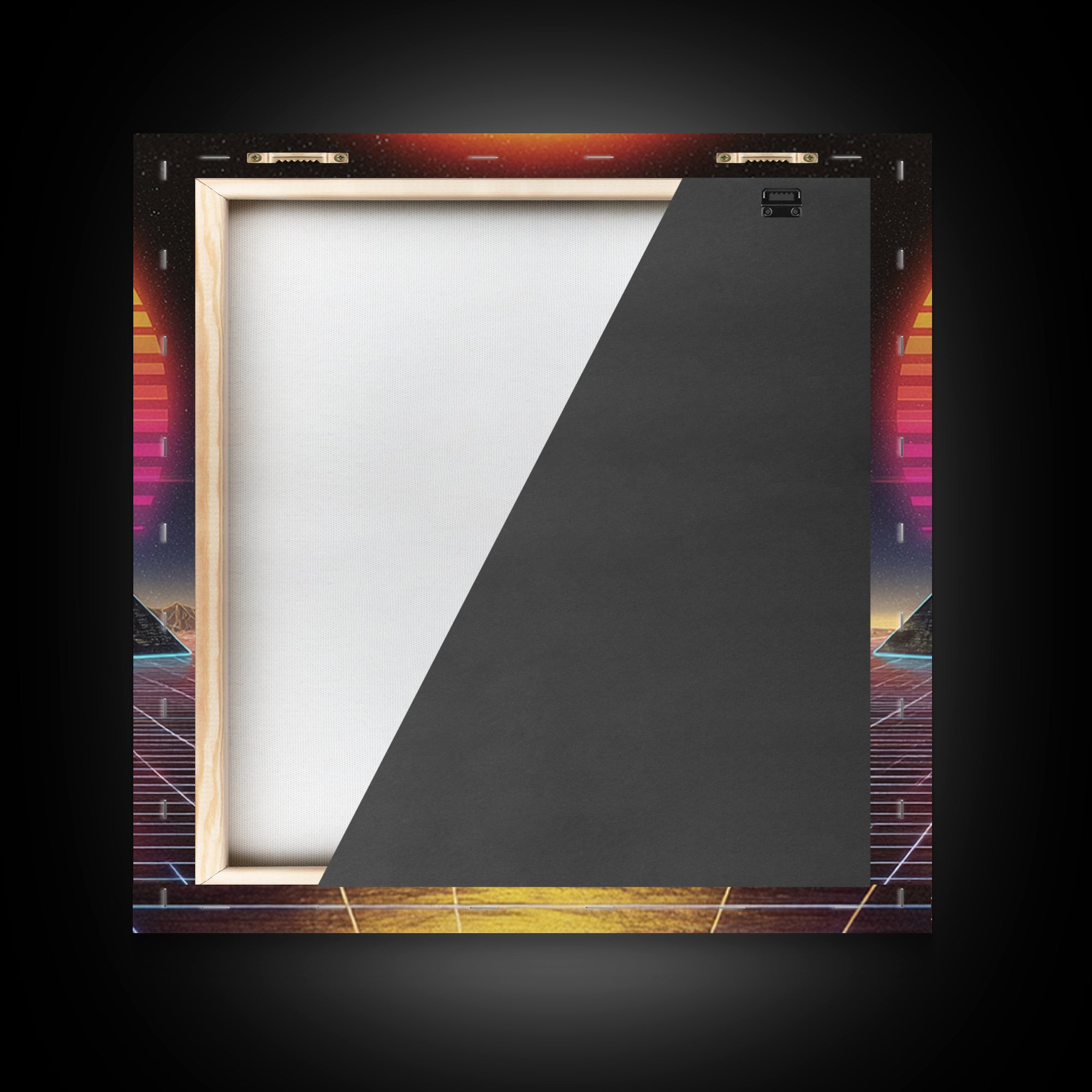 Retro Synthwave Pyramid Sunset Wall Art, Neon Grid Landscape Canvas Print, 80s Aesthetic Home Decor, Sci Fi Poster