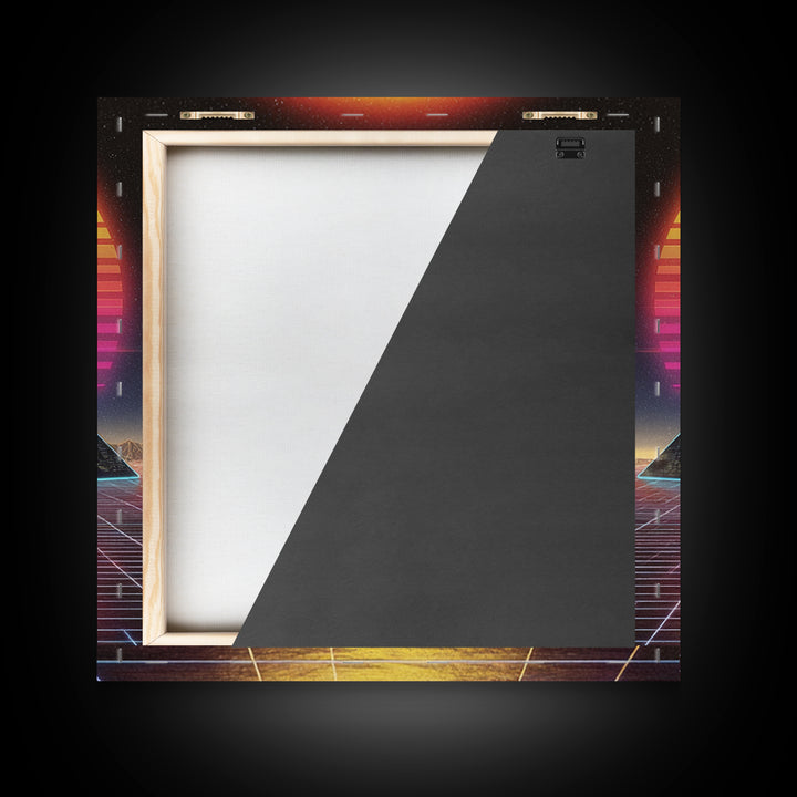 Retro Synthwave Pyramid Sunset Wall Art, Neon Grid Landscape Canvas Print, 80s Aesthetic Home Decor, Sci Fi Poster