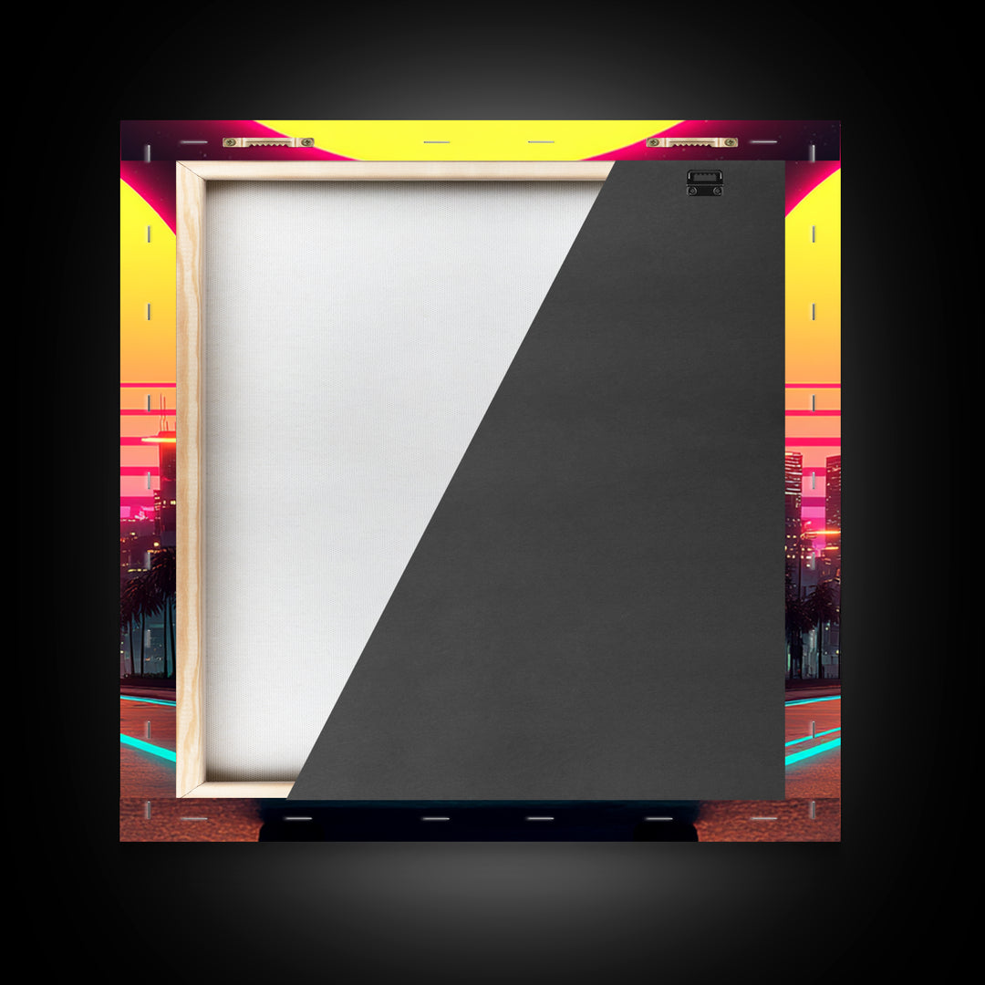 Retro Neon Car Driving Into Sunset Cityscape Wall Art Modern Abstract Framed Canvas Print Home Decor