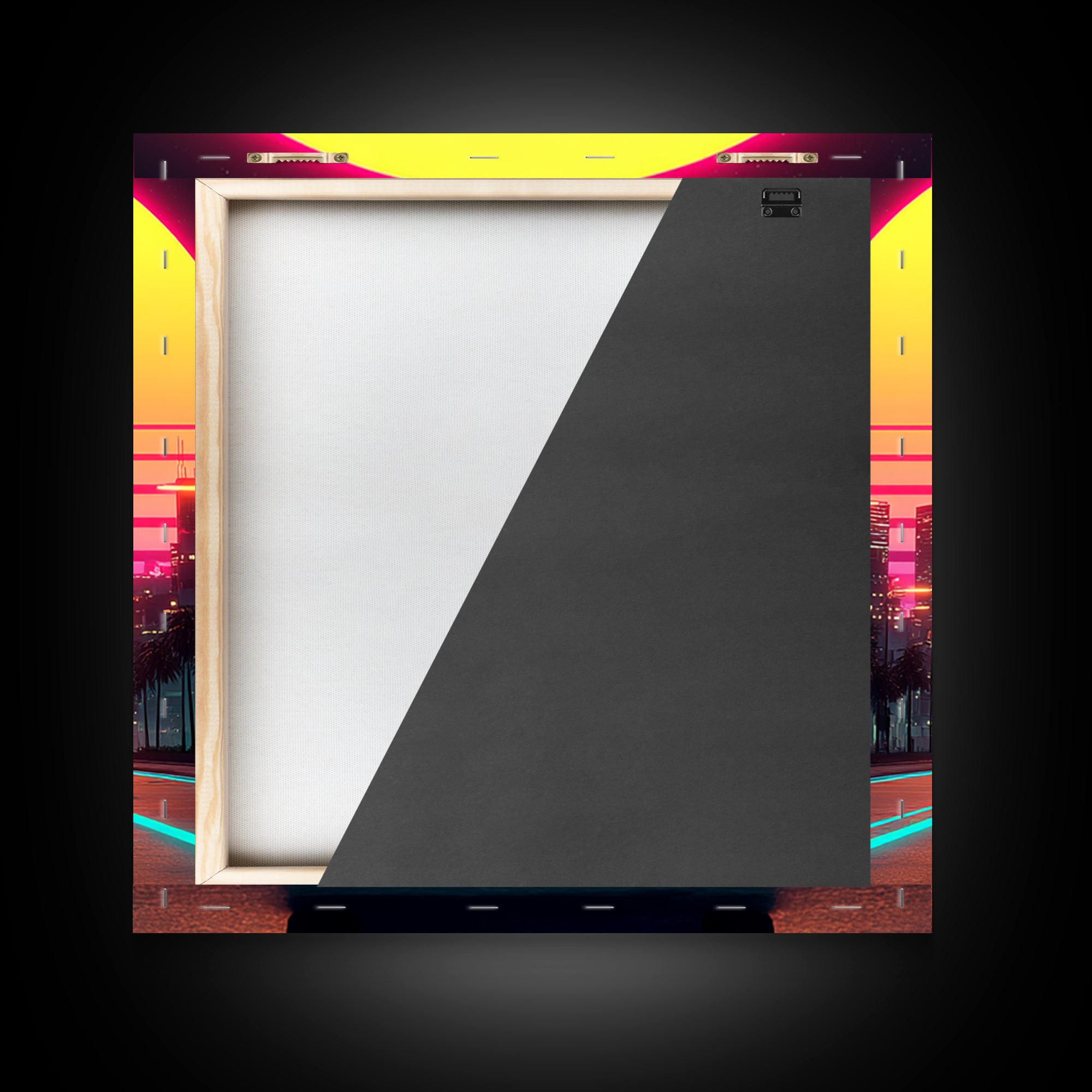 Retro Neon Car Driving Into Sunset Cityscape Wall Art Modern Abstract Framed Canvas Print Home Decor
