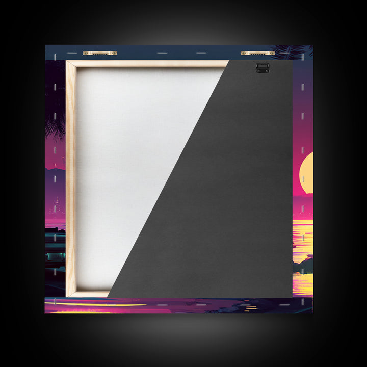 Retro Convertible Driving Into Neon Sunset Wall Art, 80s Aesthetic Beach Road Canvas Print, Vaporwave Room Decor