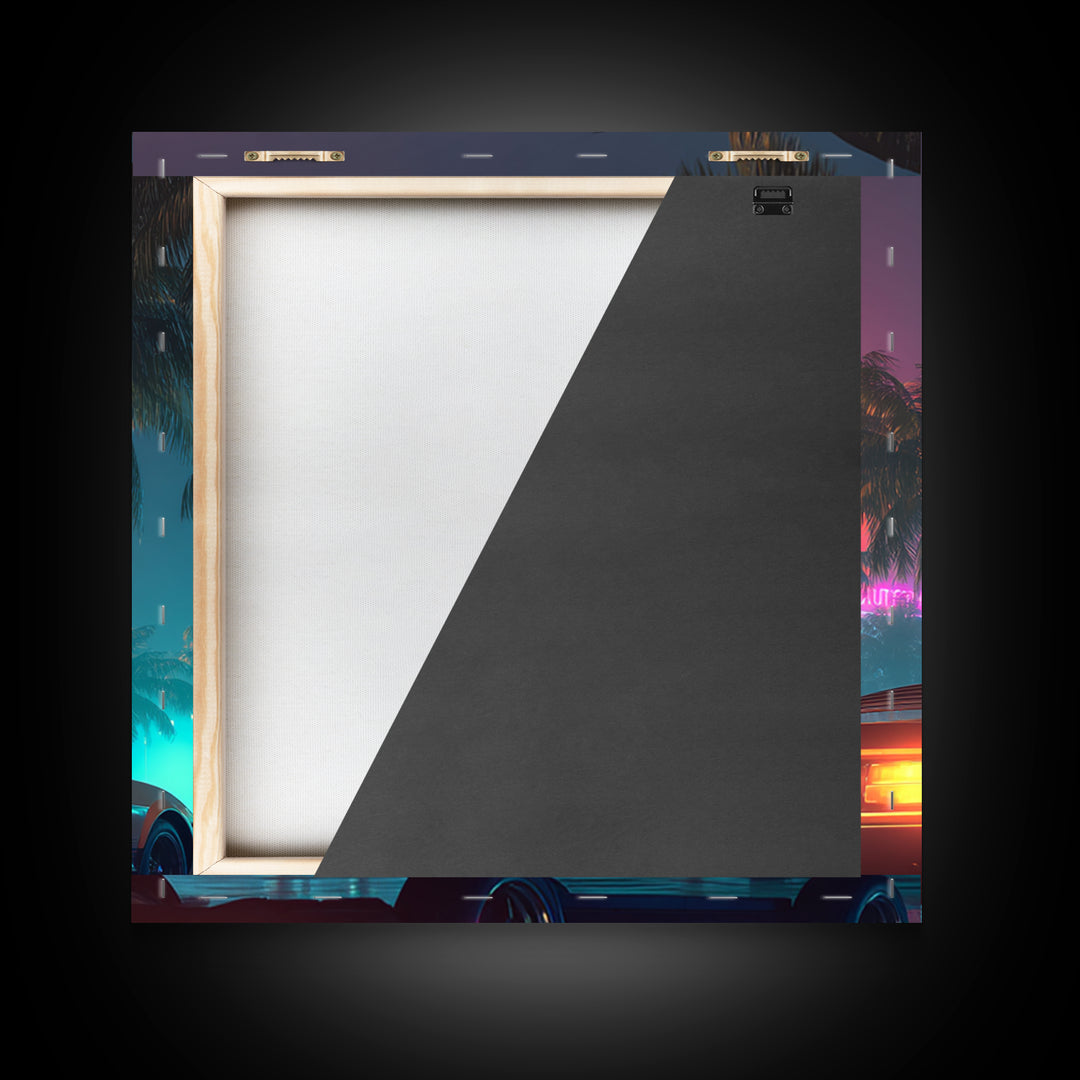 Retro Night Drive Wall Art, Neon Palm Street With Classic Car Canvas Print, Vaporwave Aesthetic Decor