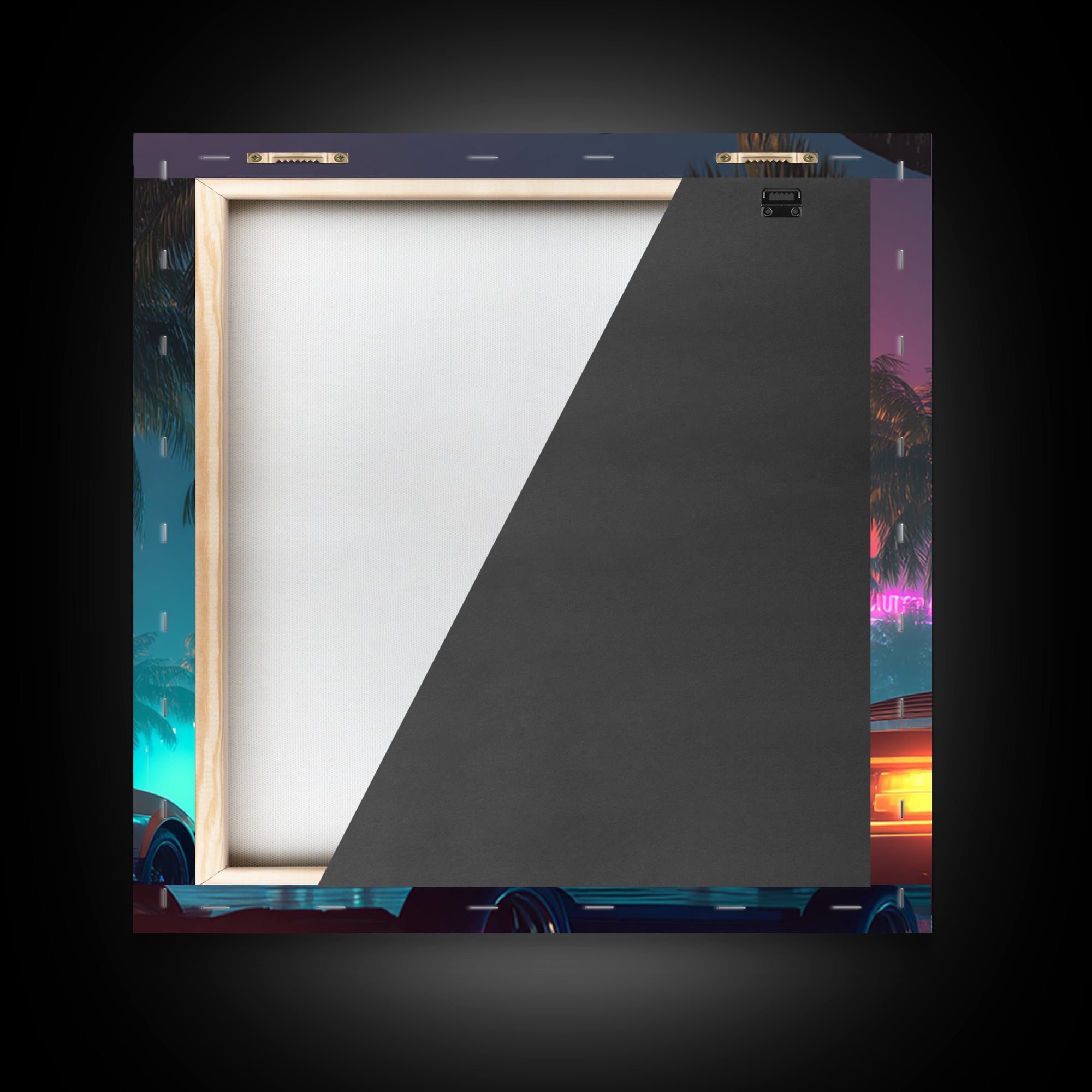 Retro Night Drive Wall Art, Neon Palm Street With Classic Car Canvas Print, Vaporwave Aesthetic Decor
