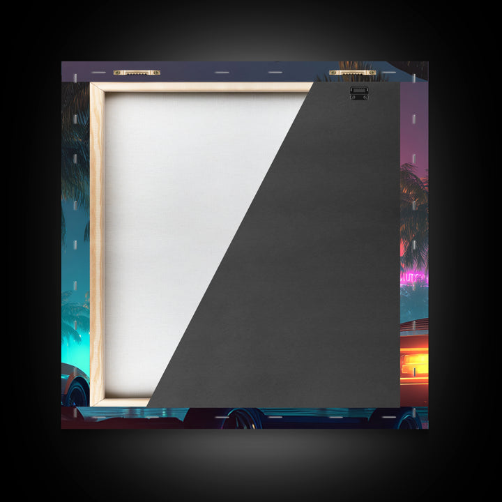 Retro Night Drive Wall Art, Neon Palm Street With Classic Car Canvas Print, Vaporwave Aesthetic Decor