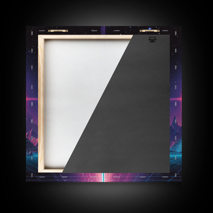 Retro Synthwave Pyramid And Sun Wall Art, Neon 80s Sci Fi Landscape, Vaporwave Gaming Room Decor, Framed Canvas Print