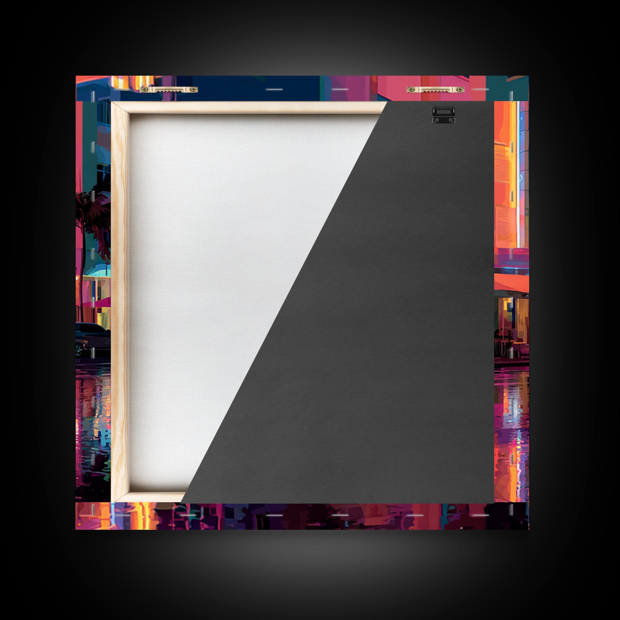 Modern Neon Cityscape At Sunset Urban Wall Art Framed Canvas Print For Contemporary Home Office Decor Gift