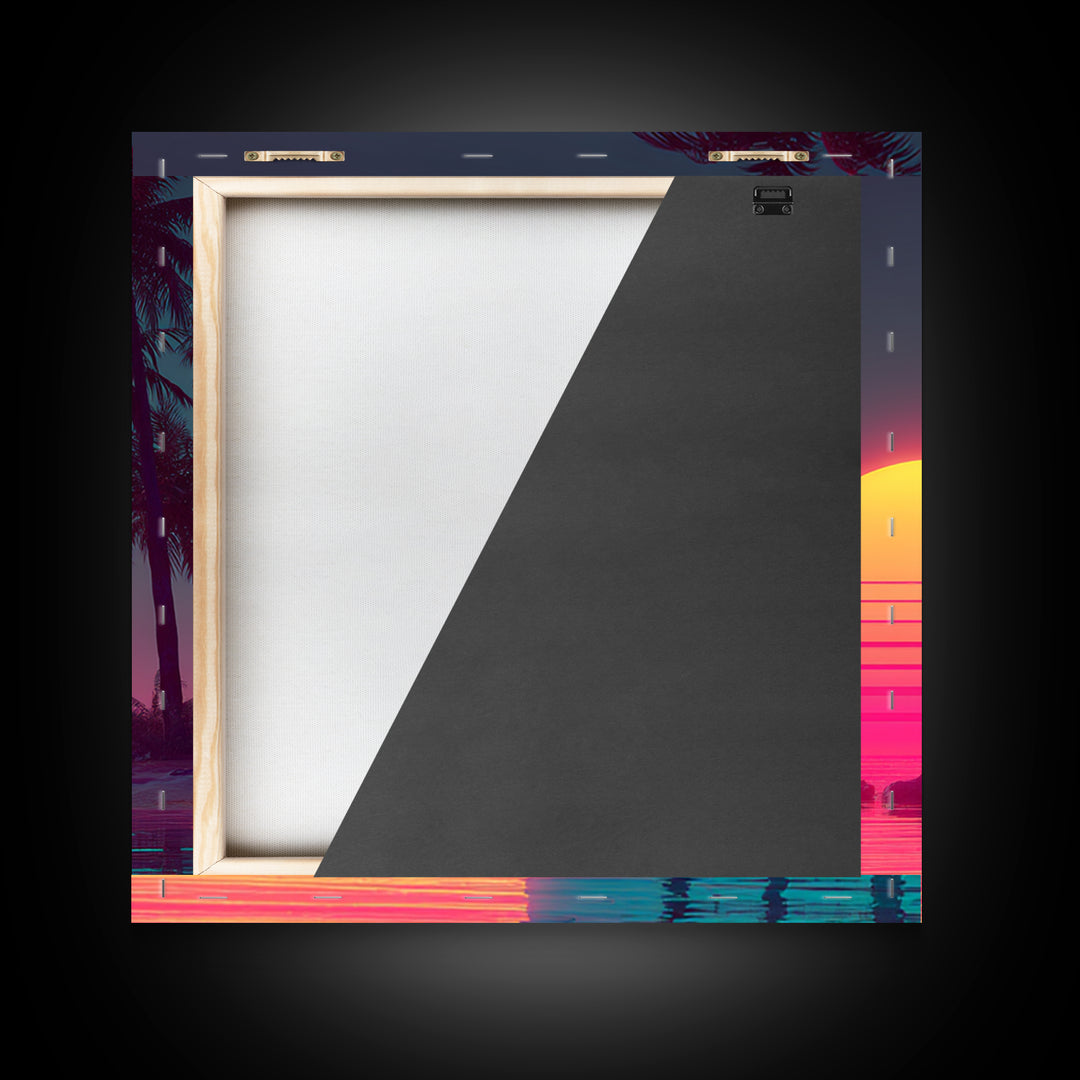 Neon Tropical Palm Trees And Retro Sunset Beach Wall Art, Vaporwave Coastal Canvas Print, Aesthetic Room Decor