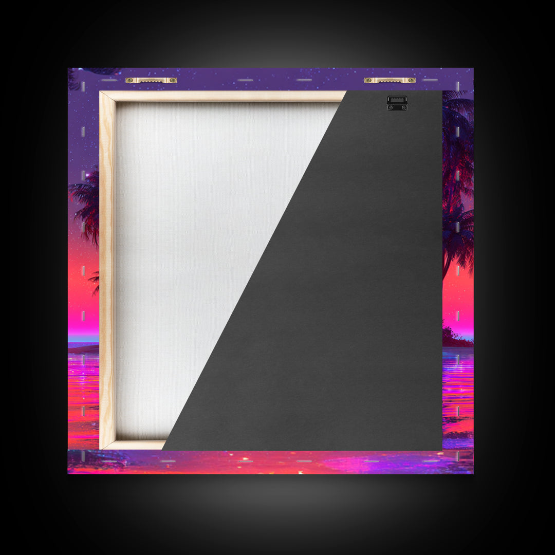Vibrant Neon Tropical Sunset Beach Wall Art, Retro Wave Palm Landscape Canvas Print, Colorful Coastal Room Decor
