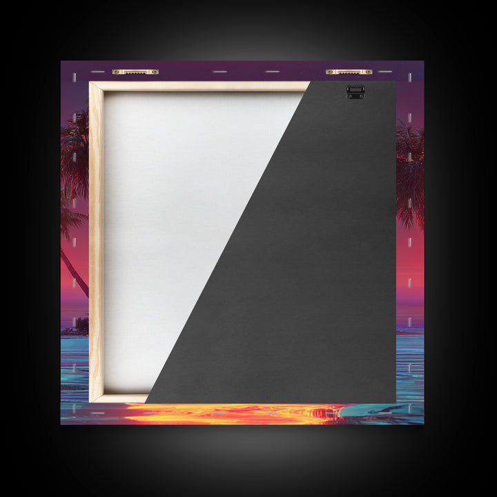 Vaporwave Tropical Sunset Beach Wall Art Canvas Print, Neon Coastal Landscape For Gaming Room And Modern Home Decor