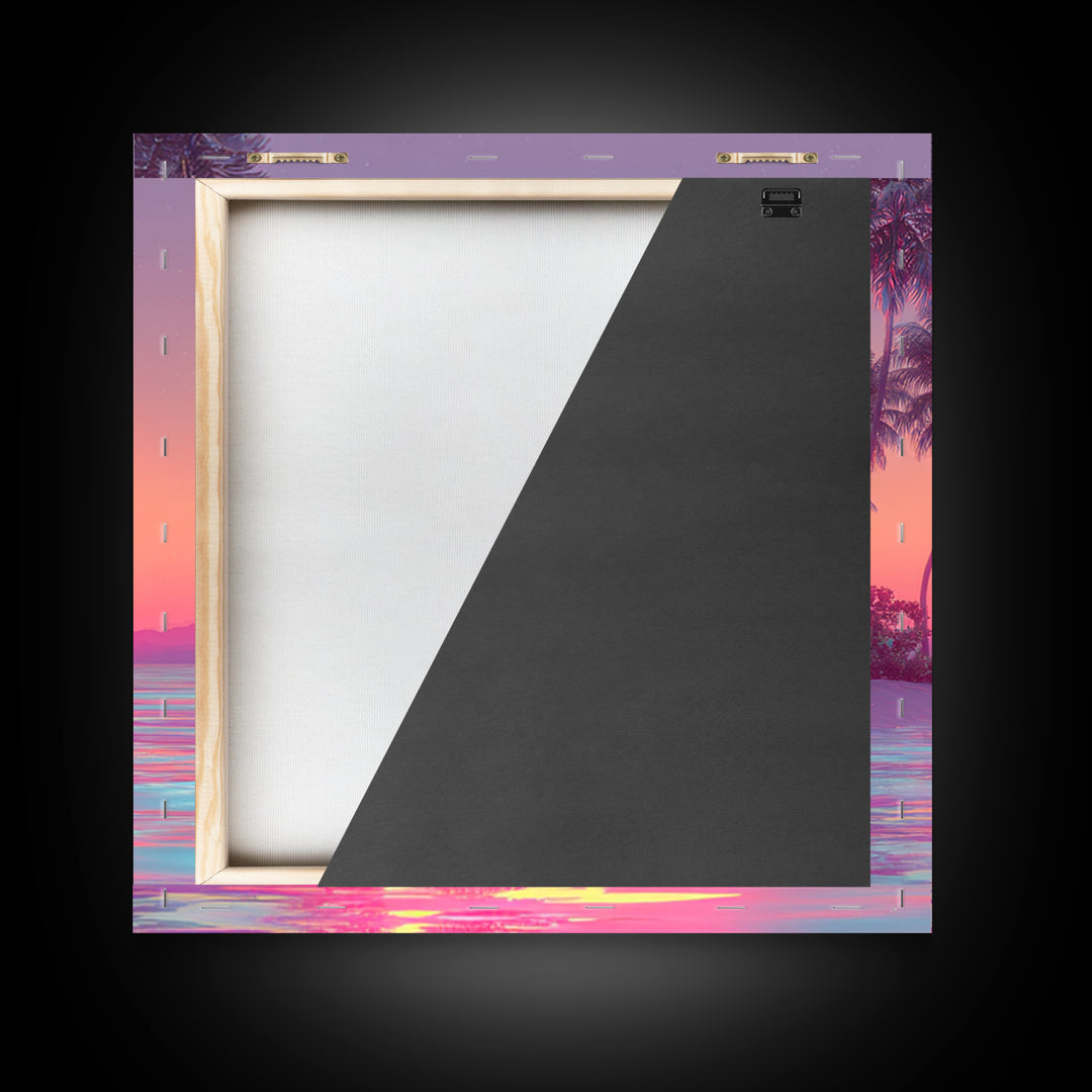 Dreamy Tropical Palm Trees Pink Sunset Beach Canvas Print, Coastal Wall Art, Vaporwave Ocean Decor, Pastel Summer Poster