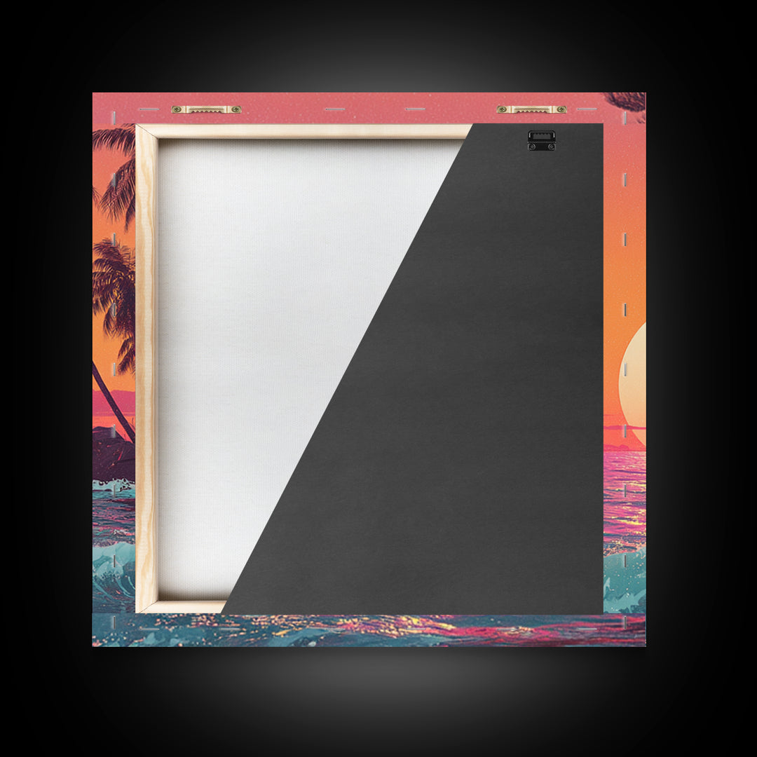 Retro Tropical Sunset Wall Art, Pink And Orange Beach Canvas Print, Aesthetic Coastal Decor For Bedroom