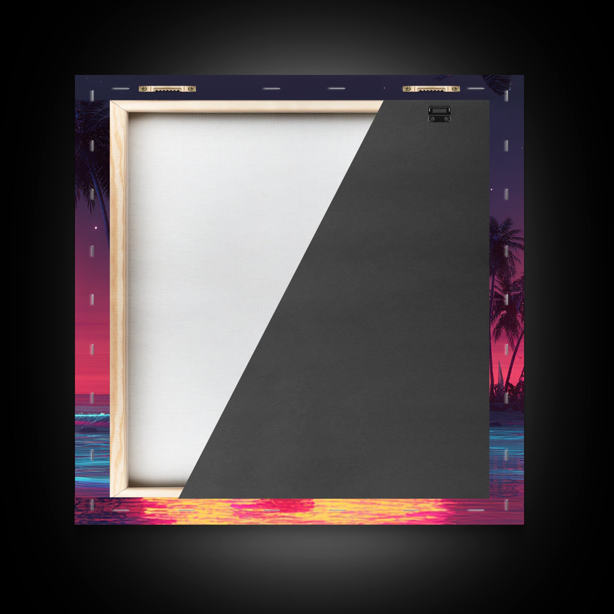 Neon Tropical Beach Sunset With Palms Wall Art, Retro Vaporwave Ocean Night Sky Canvas Print