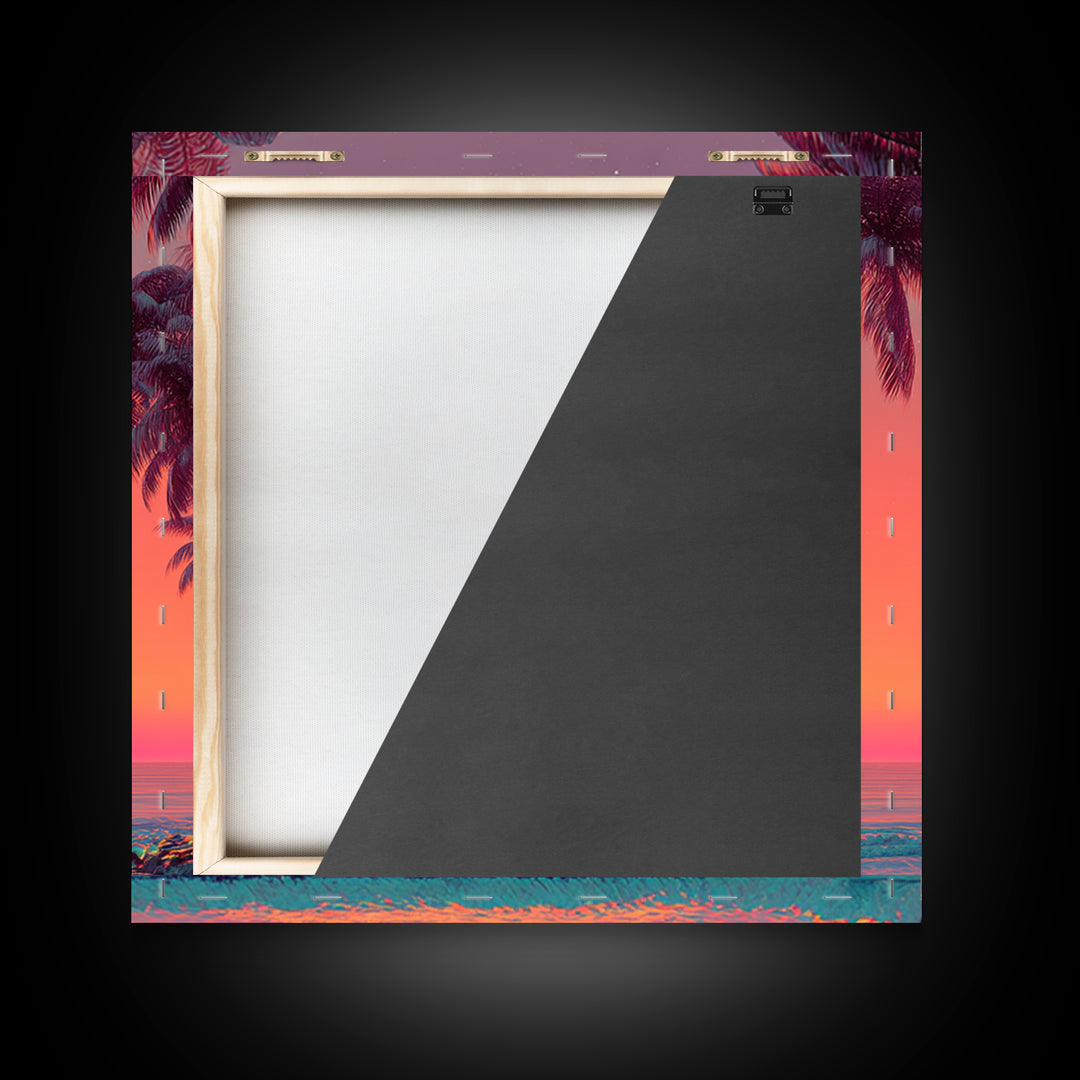 Retro Tropical Sunset Beach With Palm Trees Neon Wall Art, Colorful Coastal Canvas Print, Summer Room Decor