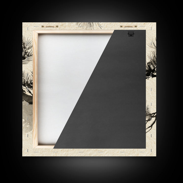 Japanese Ink Pine Tree Wall Art, Minimal Sumi E Landscape Framed Canvas Print, Wabi Sabi Zen Decor For Calm Modern Home Or Office