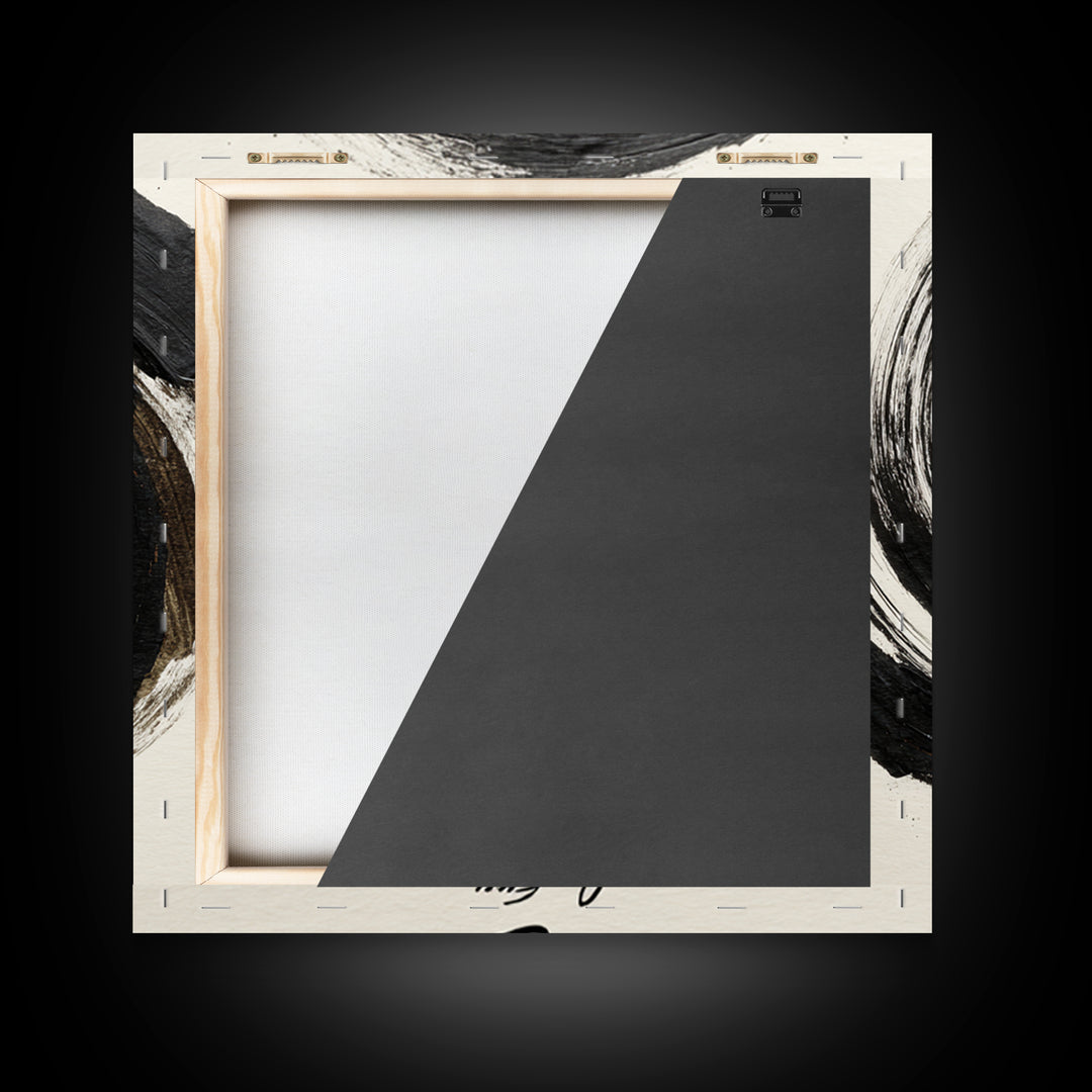 Abstract Black Ink Swirl With Zen Calligraphy Minimalist Wall Art Framed Canvas Print For Modern Home Decor