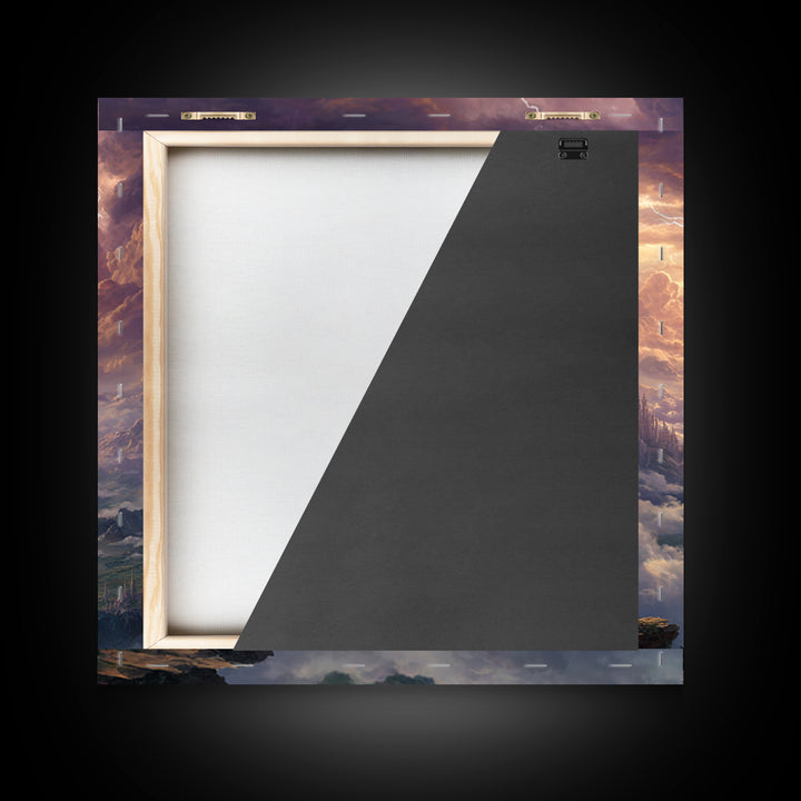 Storm Wizard Over Cloud Kingdom Wall Art, Epic Fantasy Landscape Canvas Print, Dark Academia Office Decor, Large Gift For Him