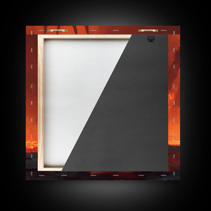 Knight Facing Fiery Demon In Lava Realm Canvas Print, Dark Fantasy Wall Art, Gothic Battle Decor, Epic Gaming Room Poster