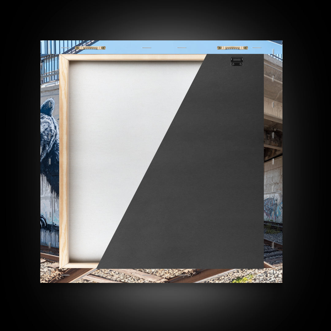 Black Bear Graffiti Mural By Train Tracks Canvas Print, Urban Wildlife Wall Art, Industrial Street Art Decor For Modern Loft
