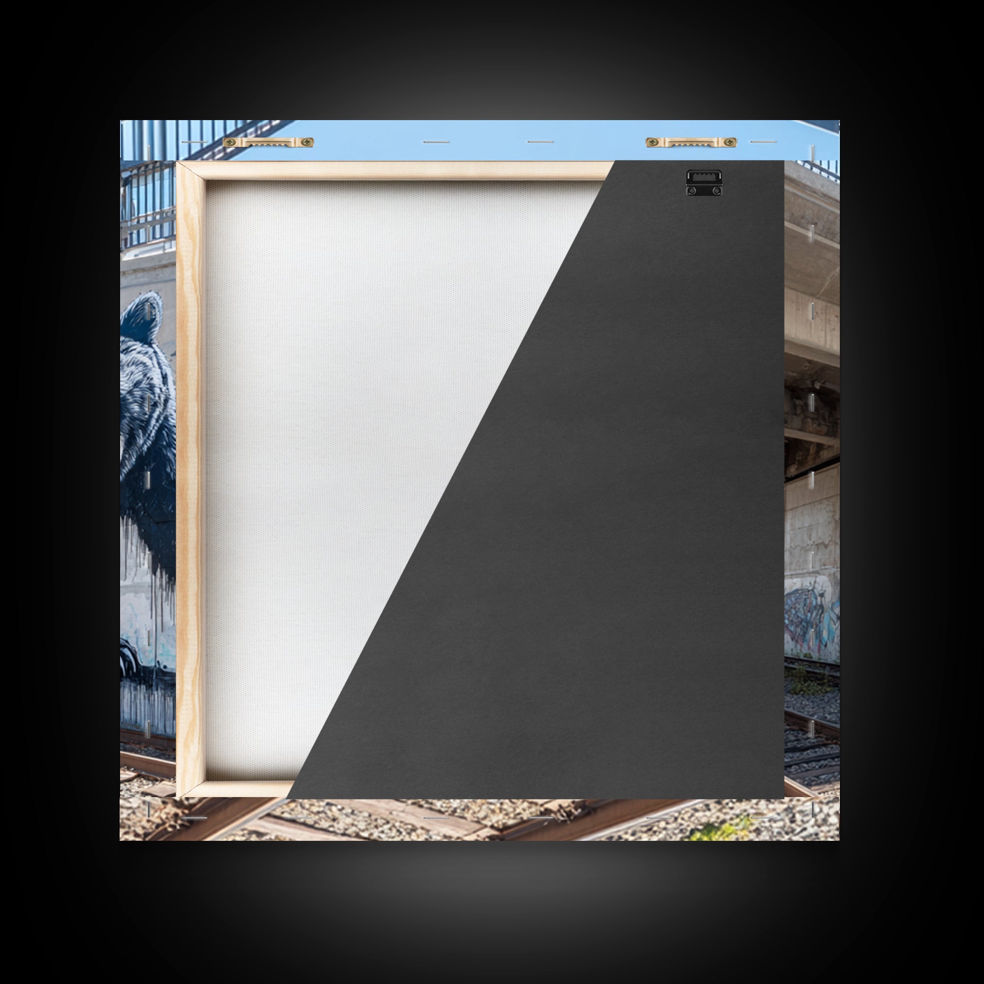 Black Bear Graffiti Mural By Train Tracks Canvas Print, Urban Wildlife Wall Art, Industrial Street Art Decor For Modern Loft