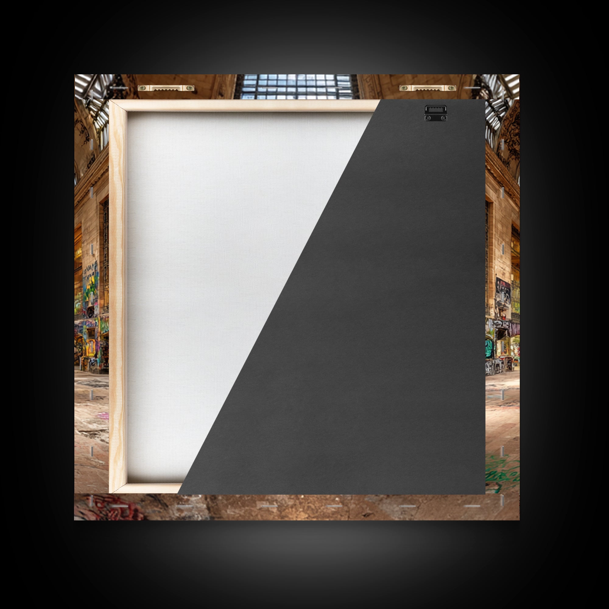 Abandoned Grand Hall Graffiti Framed Canvas Print, Urban Street Art, Industrial Wall Decor, Large Statement Artwork, Modern Home Decor