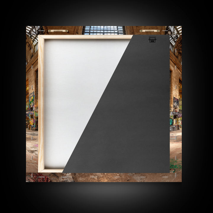 Abandoned Grand Hall Graffiti Framed Canvas Print, Urban Street Art, Industrial Wall Decor, Large Statement Artwork, Modern Home Decor