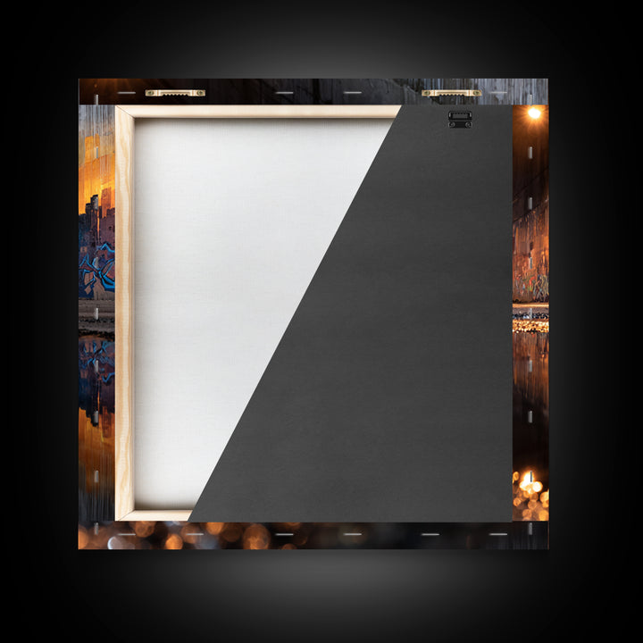 Urban Graffiti Underpass Wall Art, City Skyline Reflection, Street Art Print, Industrial Decor, Modern Office Wall Decor