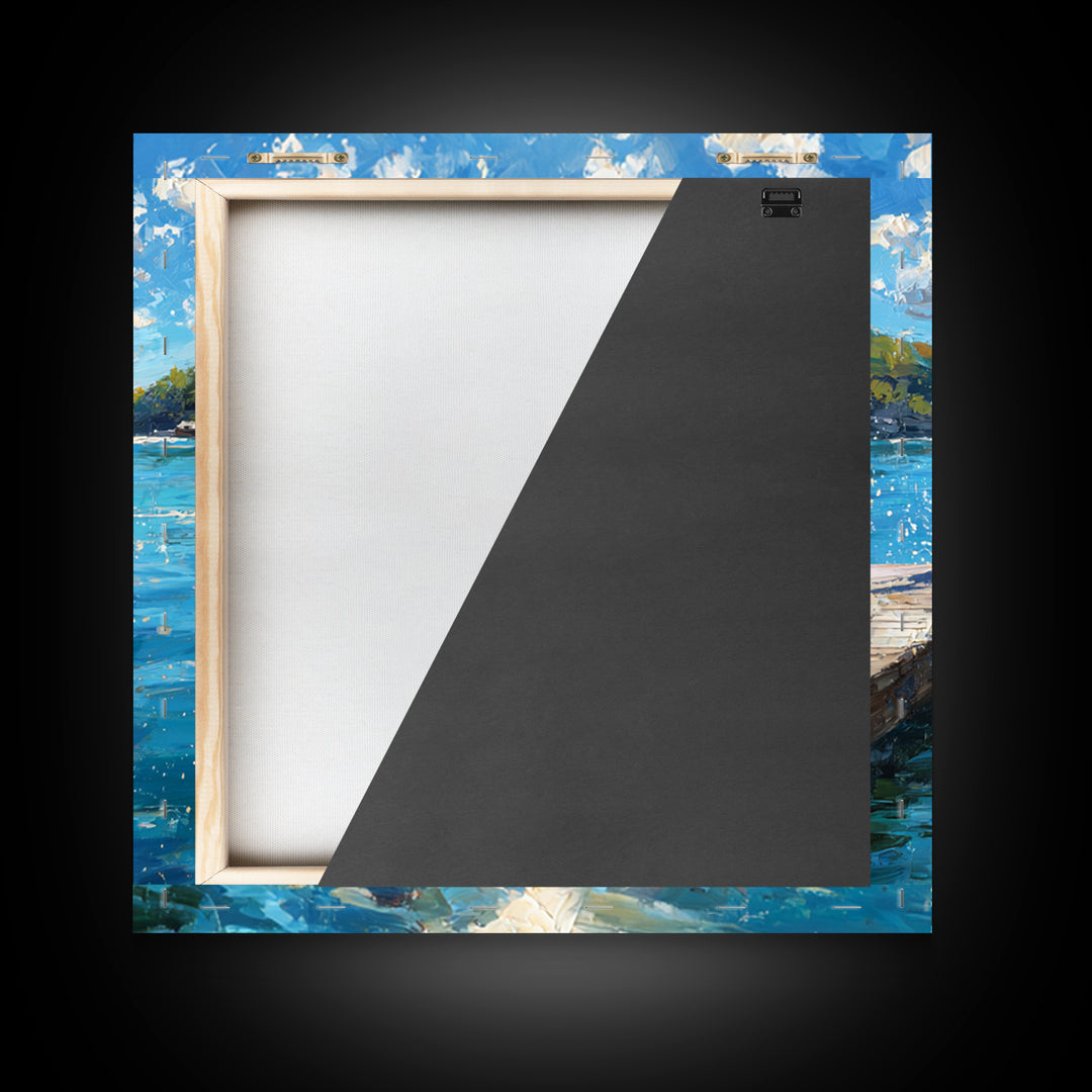 Kids Jumping Off A Sunny Lake Dock Wall Art, Summer Landscape Canvas Print, Lake House Decor, Playroom Art Gift For Coastal Home