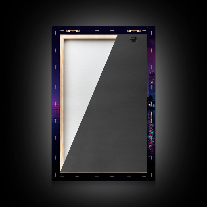 Miami City Lights Neon Reflection At Night Urban Wall Art Modern Canvas Print For Office Decor And Living Room