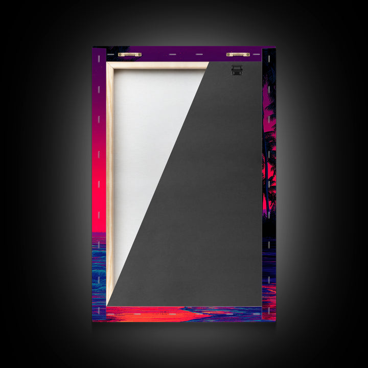 Vibrant Sunset Over Tropical Beach With Palm Trees Digital Wall Art Framed Canvas Print For Home Decor