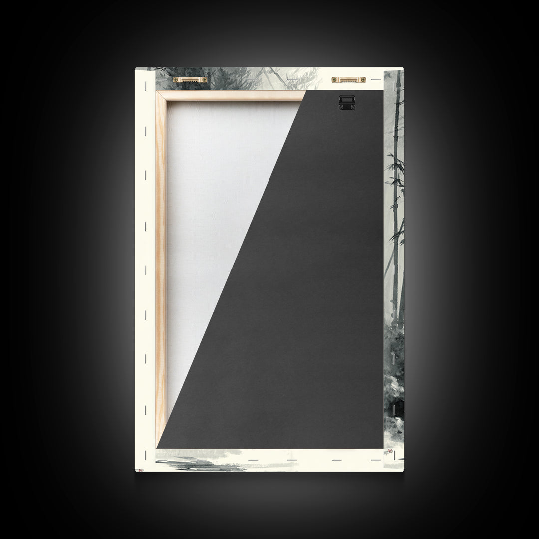 Minimalist Black And White Monochrome Painting Monk Walking In Bamboo Forest Wall Art Framed Canvas Print