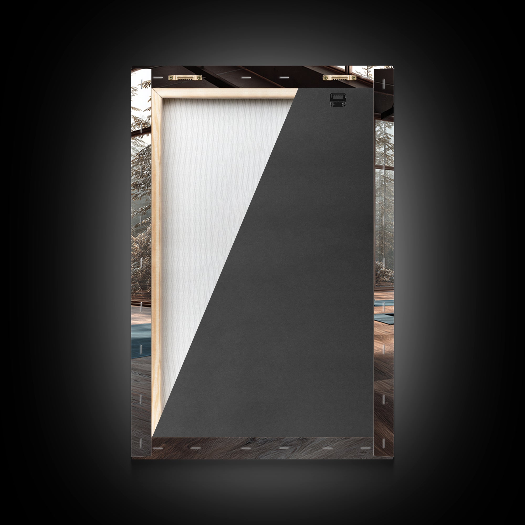 Tranquil Yoga Studio With Mountain View And Natural Light Wall Art Framed Canvas Print For Fitness And Wellness Spaces