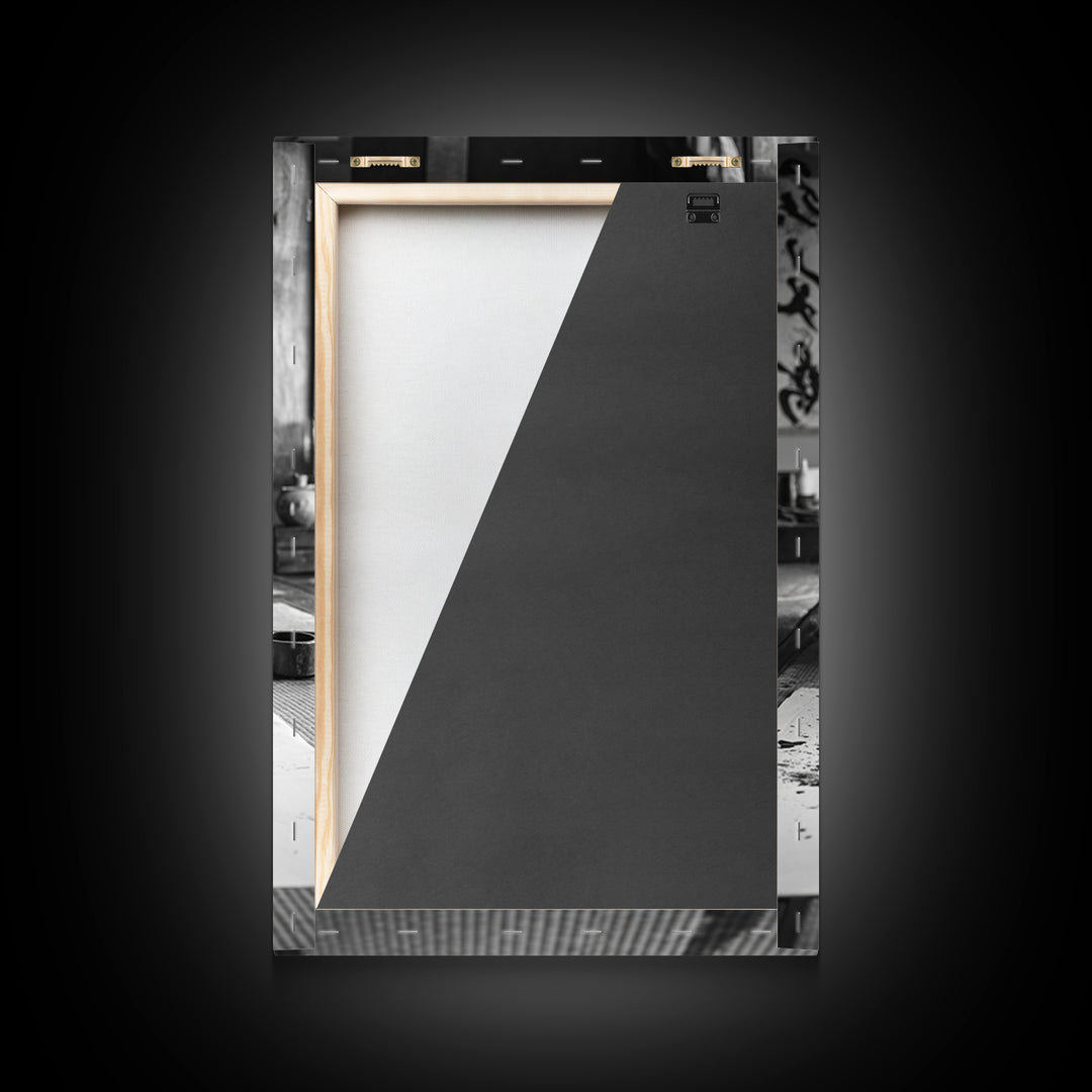 Black And White Fine Art Photography Of Japanese Calligraphy Artist Painting Circle Wall Art Framed Canvas Print