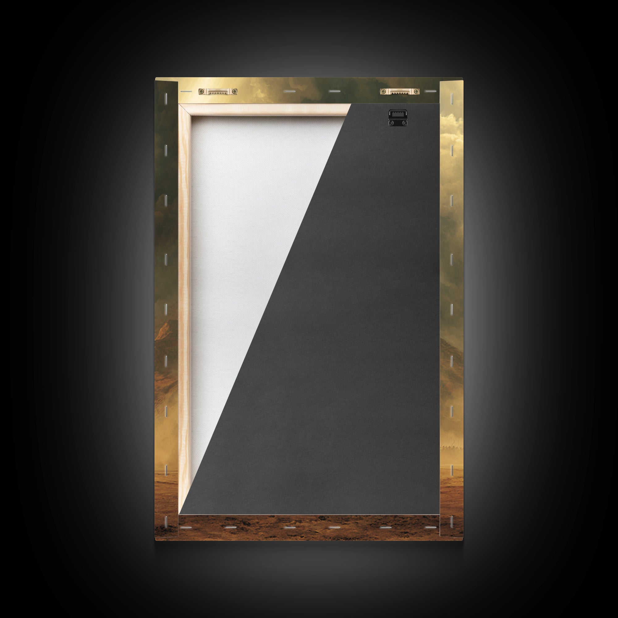 Epic Ancient Warrior Facing Giant In Dramatic Dusty Battlefield Sunlight Wall Art Framed Canvas Print For Living Room Decor
