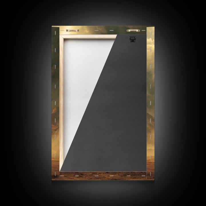 Epic Ancient Warrior Facing Giant In Dramatic Dusty Battlefield Sunlight Wall Art Framed Canvas Print For Living Room Decor