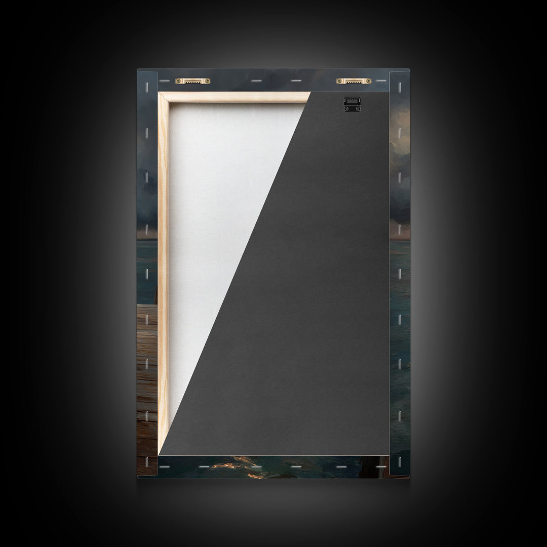 Serene Boat At Dock Under Dramatic Cloudy Sky Sunset Seascape Canvas Print For Coastal Living Room Decor Wall Art