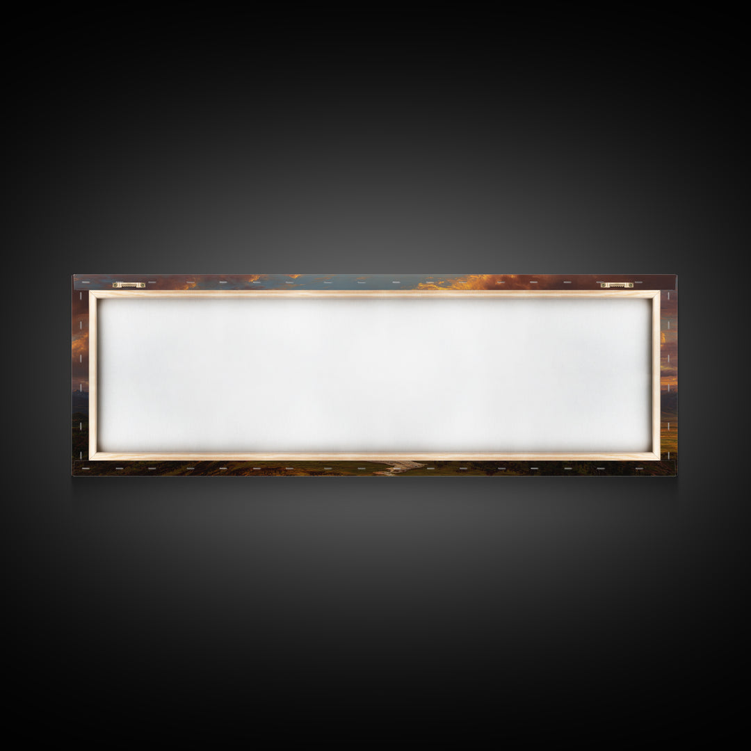 Golden Mountain Valley Sunset Wall Art, Panoramic Landscape Painting, Rustic Nature Decor For Living Room And Office Wall Decor