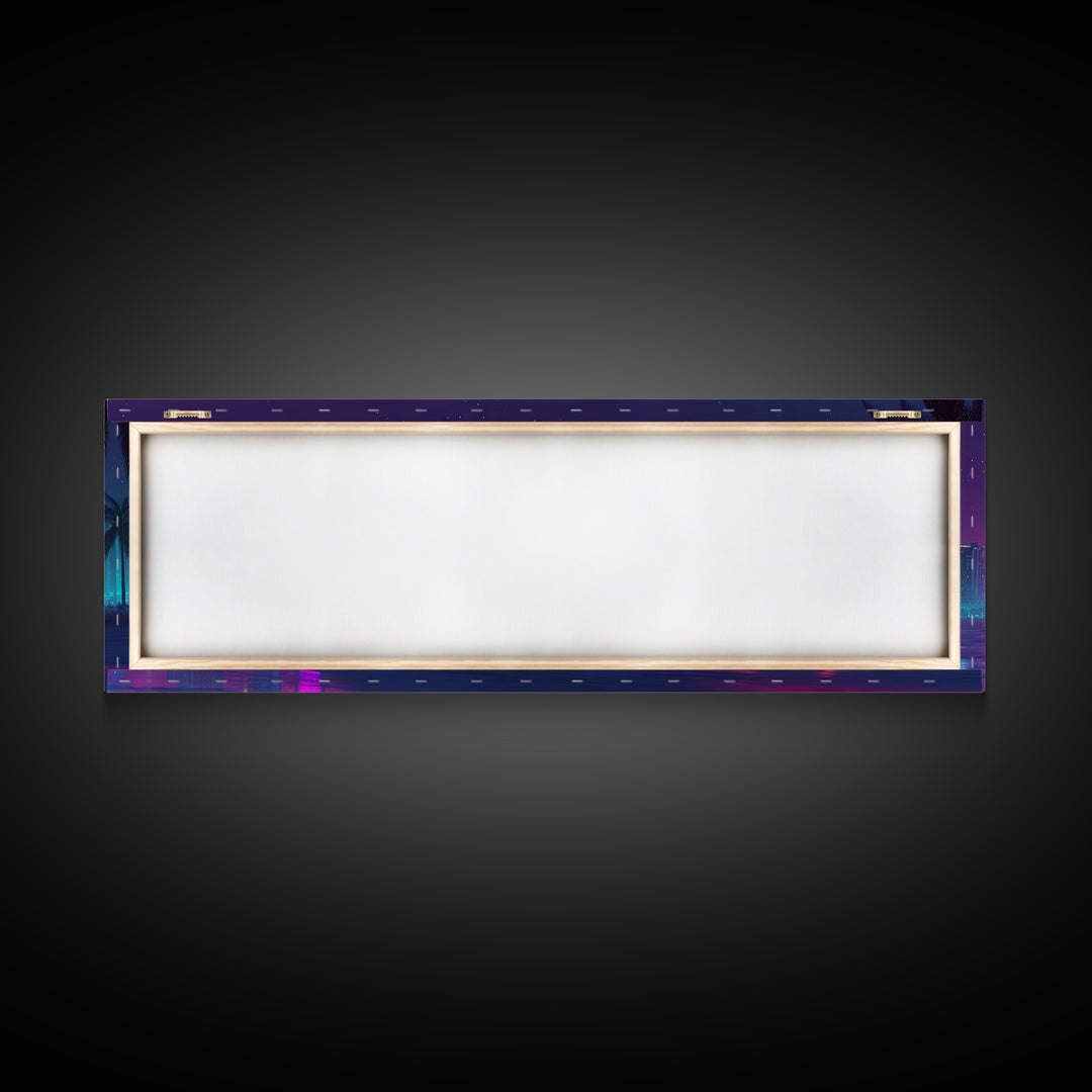 Neon Cyberpunk City Beach Wall Art, Retro Futuristic Canvas Print, Vaporwave Decor For Gaming Room And Modern Office Decor