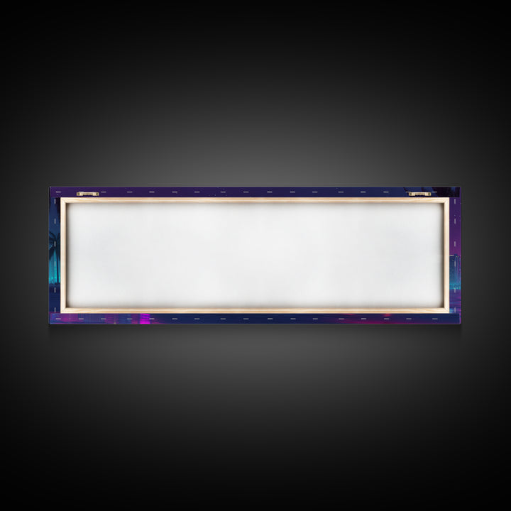 Neon Cyberpunk City Beach Wall Art, Retro Futuristic Canvas Print, Vaporwave Decor For Gaming Room And Modern Office Decor
