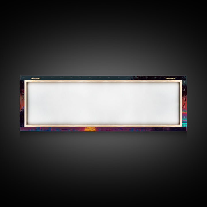 Retro Neon Coastal City Skyline Wall Art, Palm Beach Sunset, Synthwave Ocean Decor, Modern Living Room Canvas Print, Large Horizontal Art