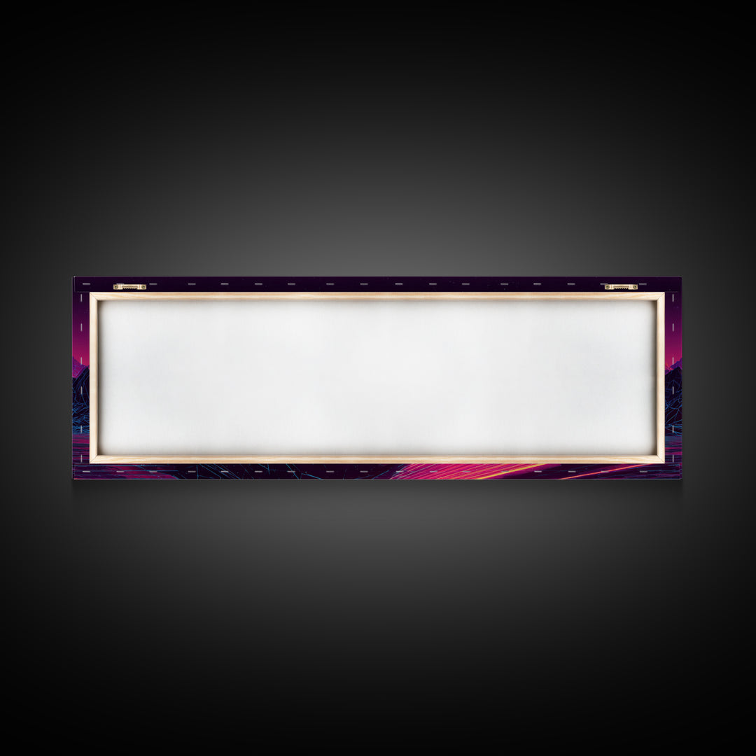 Neon Highway Through Purple Mountains Framed Canvas Print, Synthwave Wall Art, Retro Futuristic Decor, Gaming Room Poster