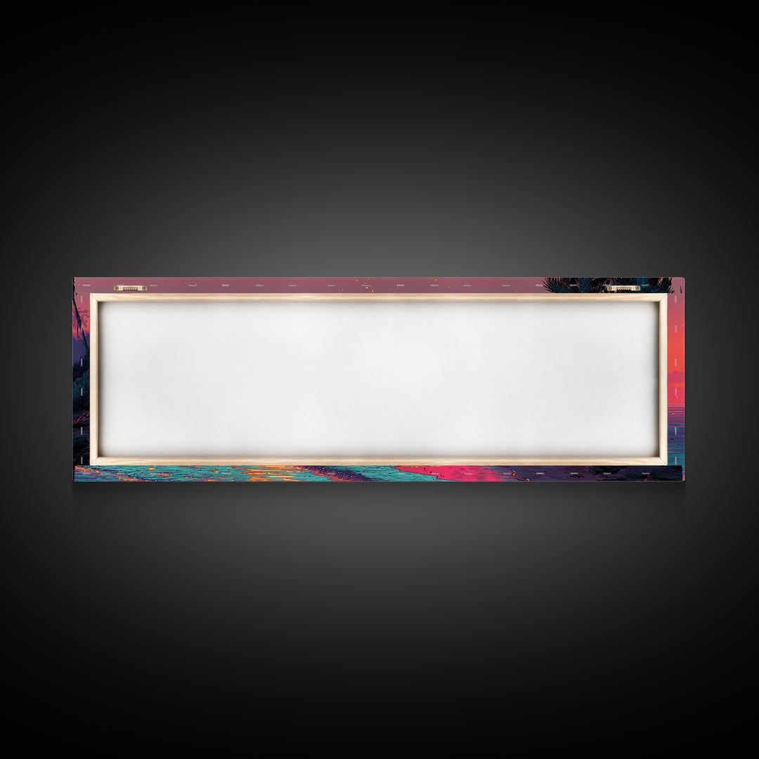 Neon Tropical Beach Sunset With Palms Wall Art, Coastal Decor, Pink Ocean Landscape, Retro Panoramic Summer Canvas Print