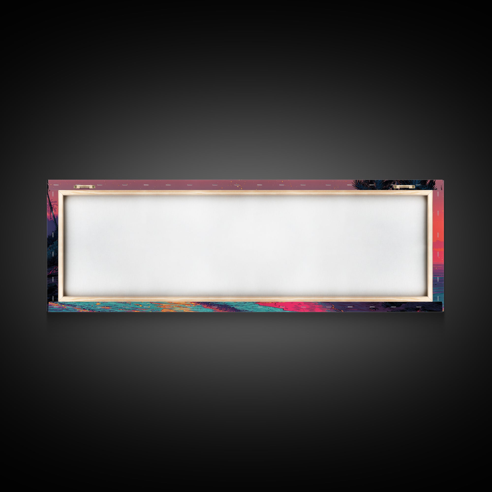 Neon Tropical Beach Sunset With Palms Wall Art, Coastal Decor, Pink Ocean Landscape, Retro Panoramic Summer Canvas Print