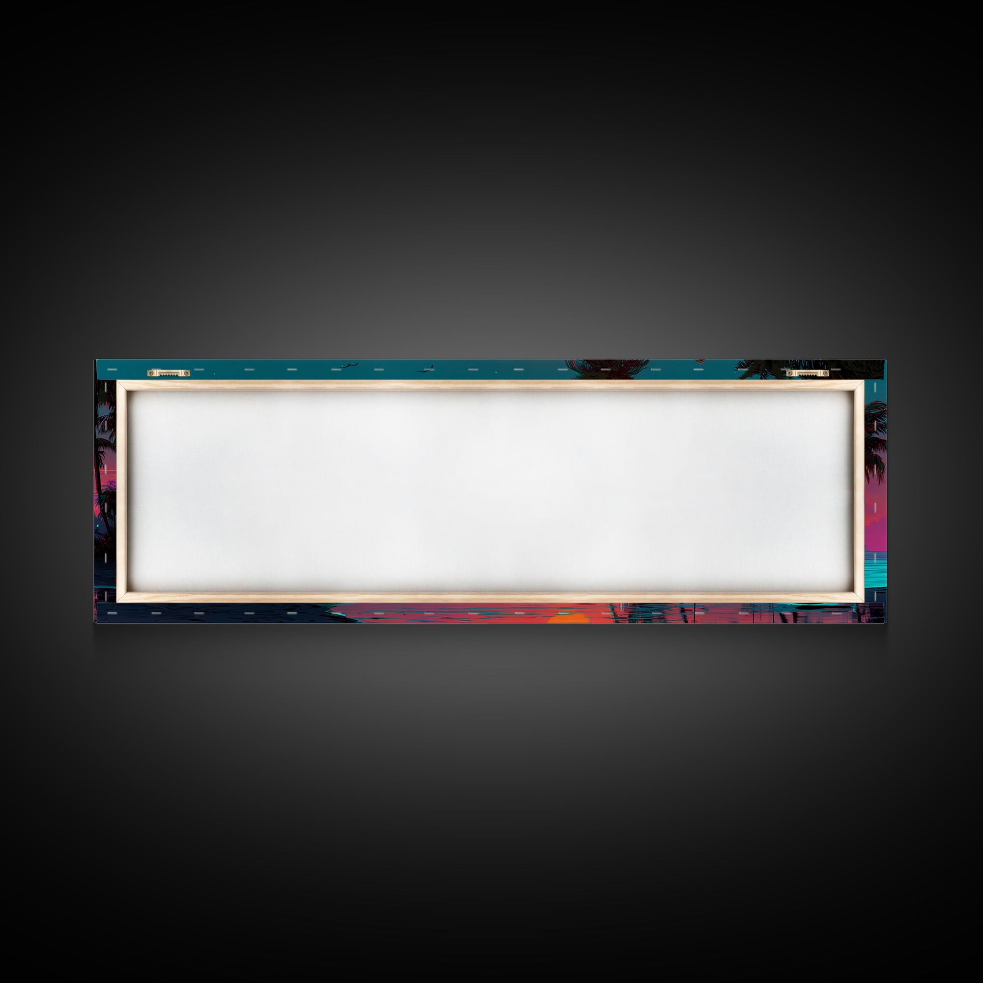 Neon Tropical City Beach Sunset Wall Art, Synthwave Ocean Skyline, Retro Futuristic Large Horizontal Coastal Living Room Decor