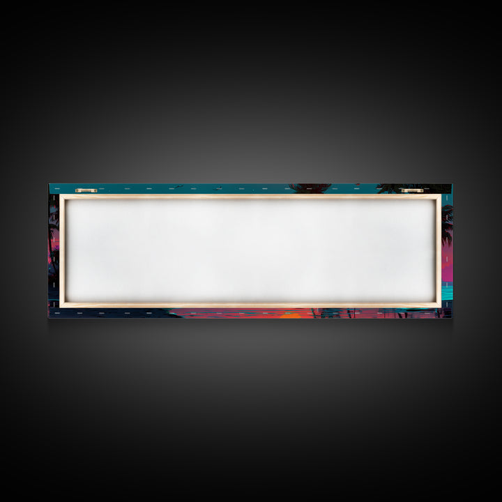 Neon Tropical City Beach Sunset Wall Art, Synthwave Ocean Skyline, Retro Futuristic Large Horizontal Coastal Living Room Decor