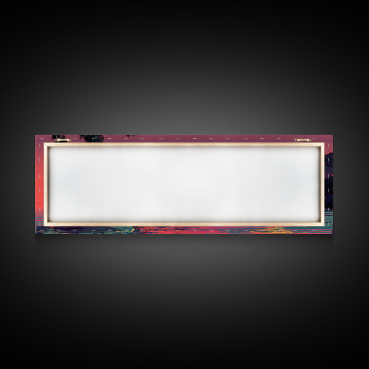 Retro Pixel Palm Beach Sunset Wall Art, Vaporwave Ocean Landscape Print, Tropical Coastal Decor, Long Horizontal Canvas Print