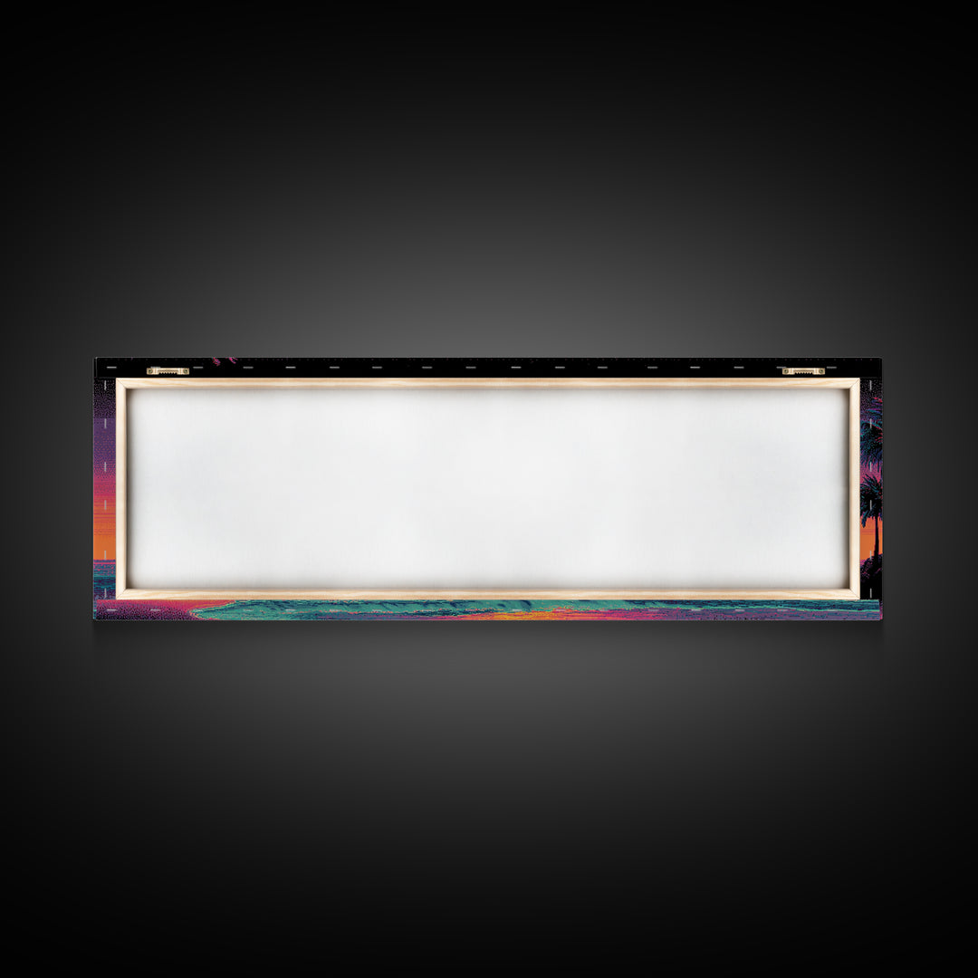 Vaporwave Palm Beach Sunset Wall Art, Retro Tropical Ocean Print, Neon Coastal Decor, Long Horizontal Canvas Print Poster