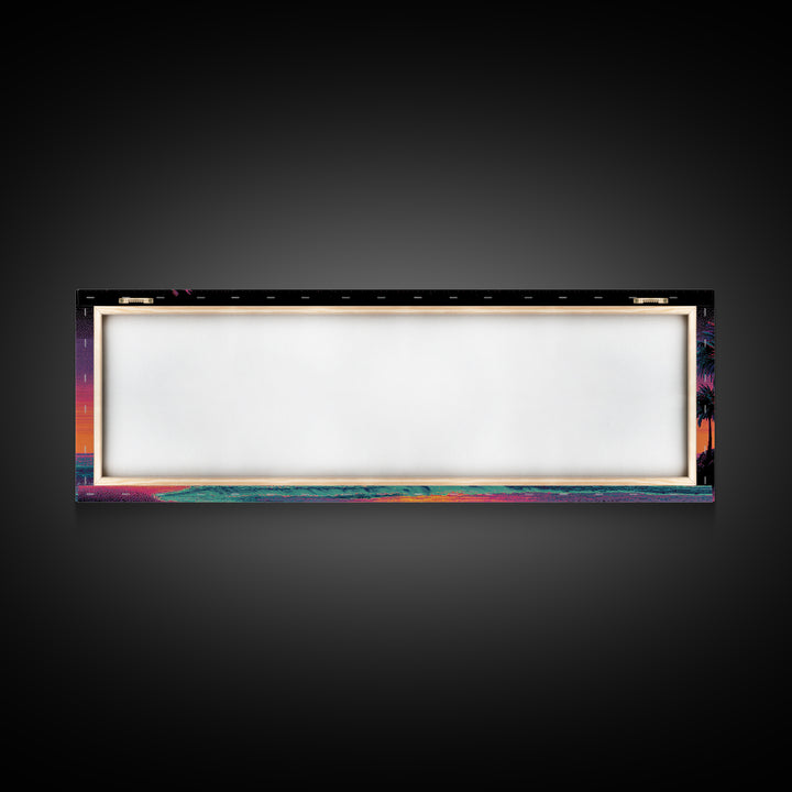 Vaporwave Palm Beach Sunset Wall Art, Retro Tropical Ocean Print, Neon Coastal Decor, Long Horizontal Canvas Print Poster