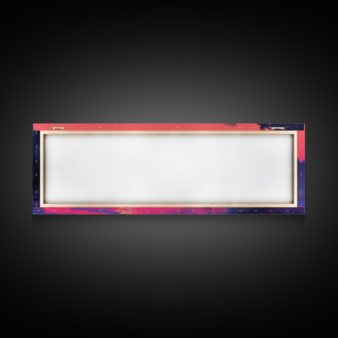Magenta Tropical Cove Sunset Wall Art, Palm Island Ocean Landscape, Vaporwave Coastal Canvas Decor For Modern Living Room
