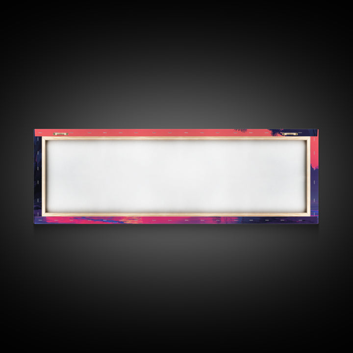 Magenta Tropical Cove Sunset Wall Art, Palm Island Ocean Landscape, Vaporwave Coastal Canvas Decor For Modern Living Room