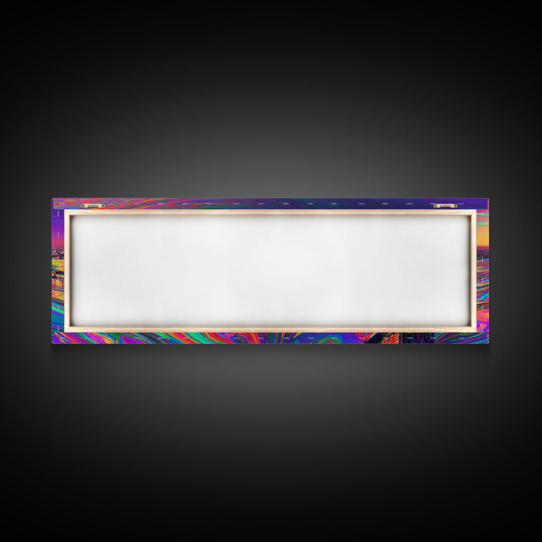 Neon Cyberpunk City Canvas Print, Futuristic Skyline Wall Art, Glitch Urban Decor, Modern Gaming Room Panoramic Wall Art Print